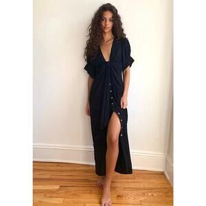 Free People Black Button Front Linen Blend Maxi Dress Endless Summer Large
